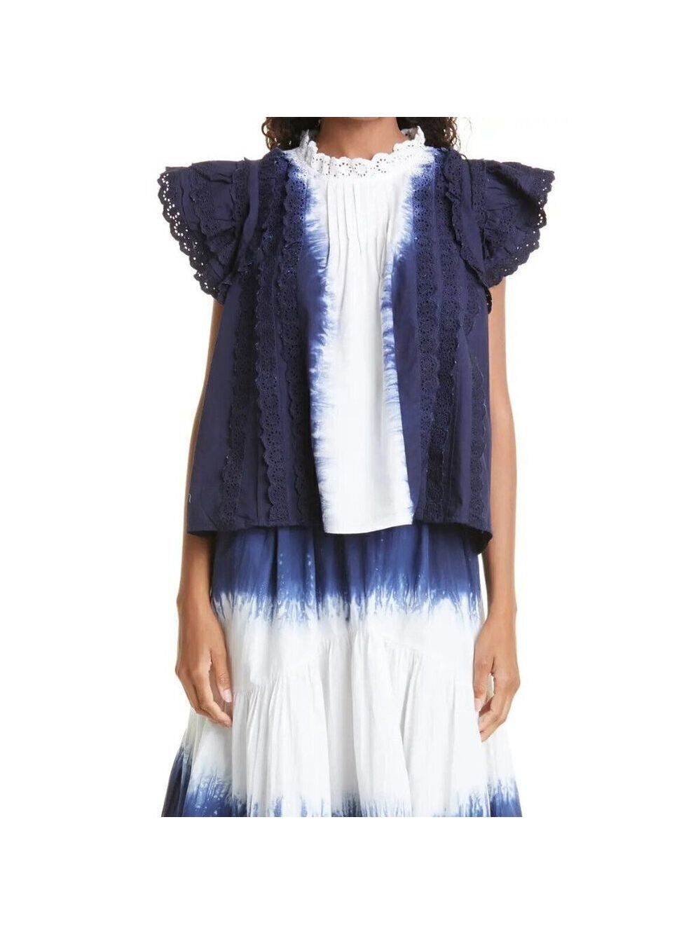 sea "Evelyn" Cotton Tie Dye Blouse Top New Blue White Eyelet Lace Ruffles